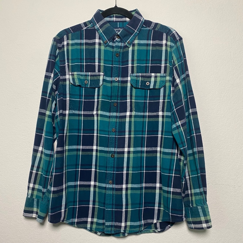 Faded Glory Mens Plaid Flannel Shirt Medium Antique Teal Blue Cotton Rugged